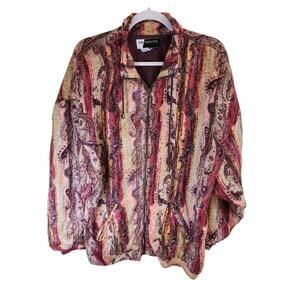 NEW CONCEPTS 100% Silk Red Paisley 90s Style Print Zip Up Jacket Womens XL